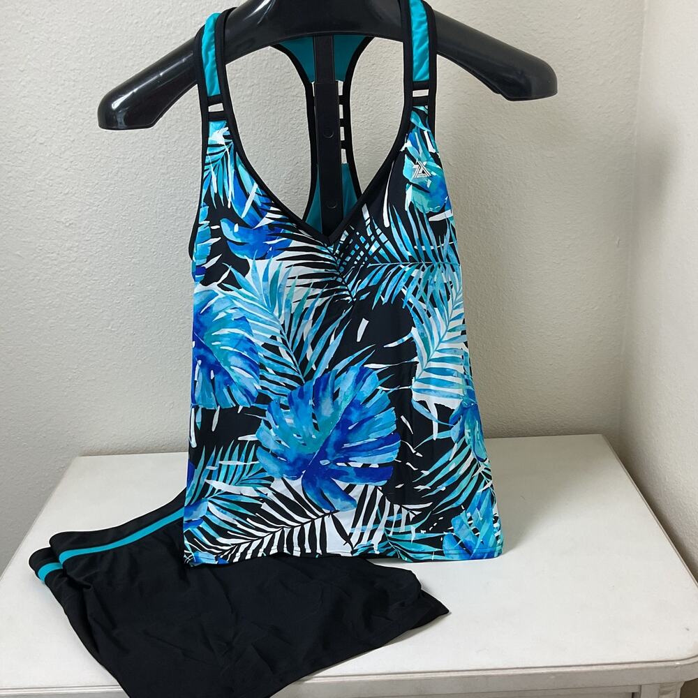 ZeroXPosur Women XXL Floral Blue Palm Bathing Suit Set Tank Top And Shorts NWT